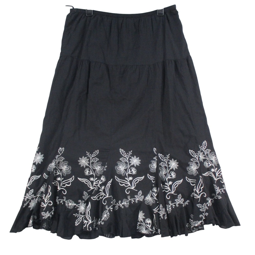 Krazy Kat Black Cotton Embroidered Floral Ruffle Hem Midi Skirt Womens Large